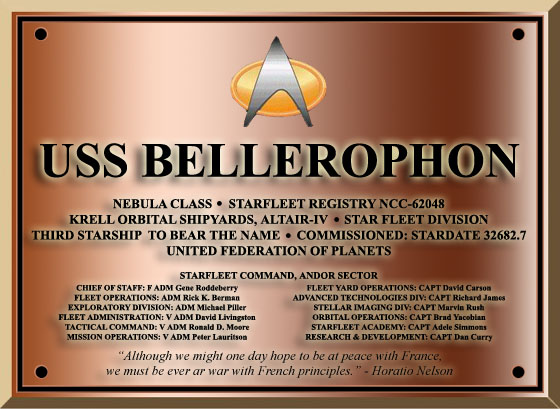 The commissioning dedication plaque of the Nebula-class explorer USS Bellerophon NCC-62048